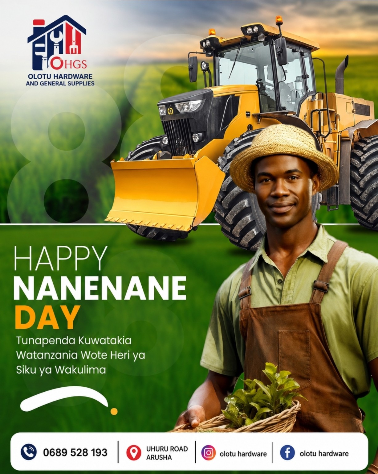 OHGS Happy Nanenane Day greeting with a farmer, agricultural tractor, phone 0689 528 193 and Uhuru Road Arusha contact details
